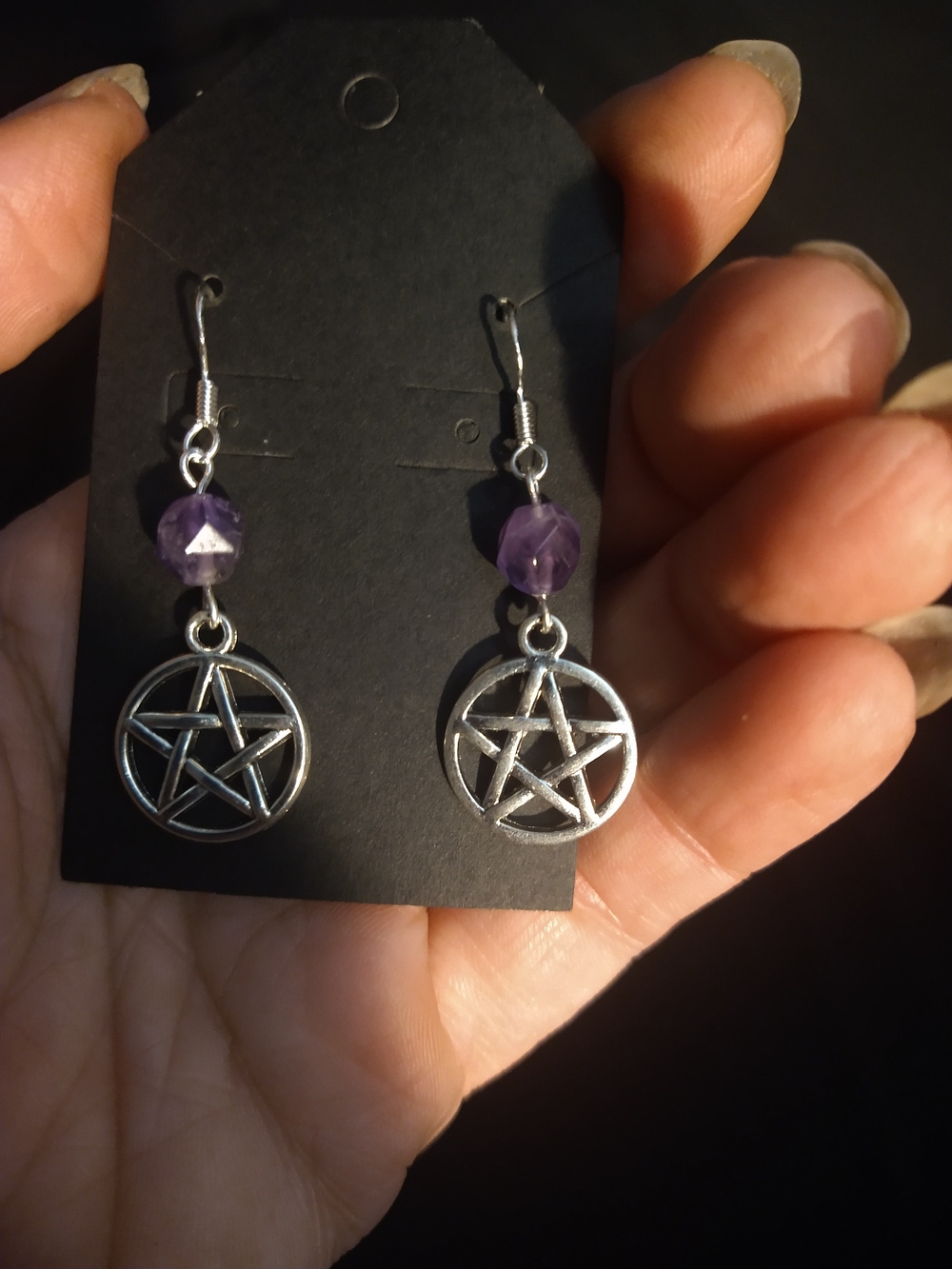 Silver Pentagram Drop Earrings with Amethyst Bead